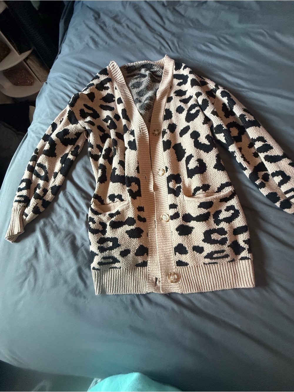 Beige Leopard-Print Button Cardigan Sweater